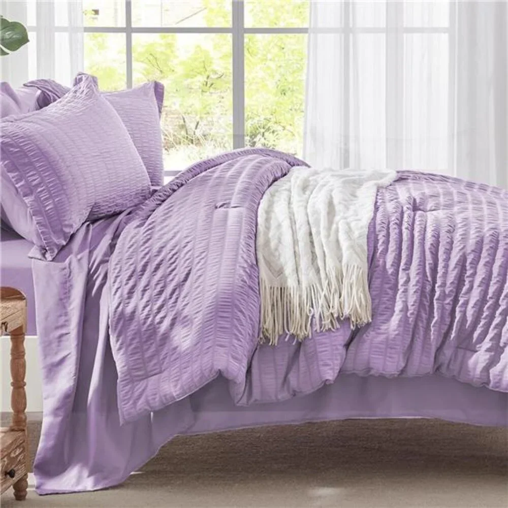 New Twin Comforter Set 5 Pieces, Light Purple Seersucker Bed in a Bag